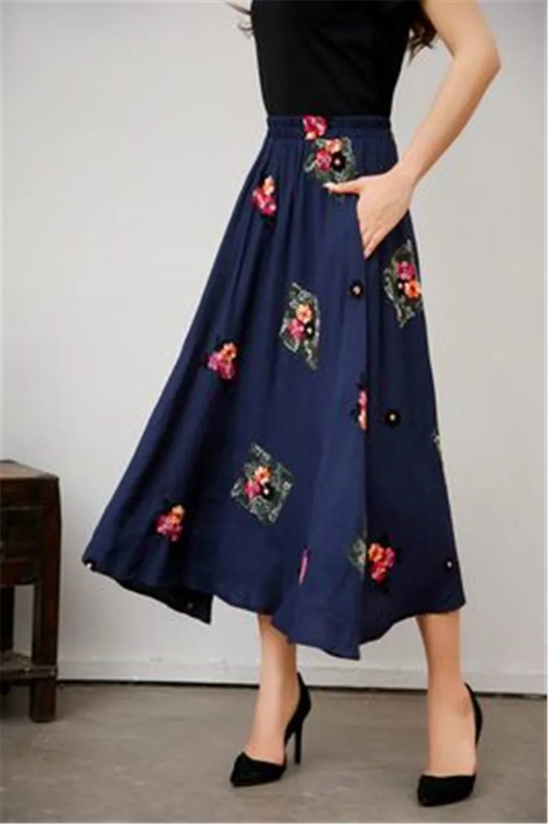 Faldas Mujer новые Инди фолк Harajuku больших размеров 2XL модные юбки женские хлопок лен узор винтажная элегантная Этническая юбка - Цвет: blue