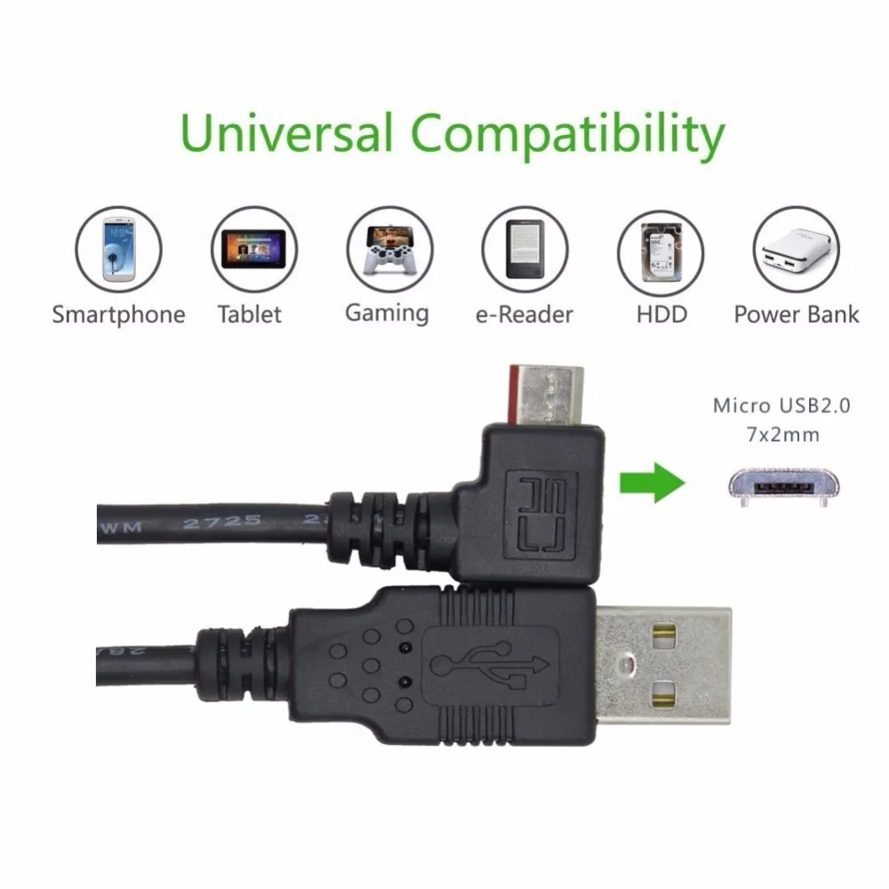 2 шт. кабель Micro USB к штекер зарядный 1 м прямоугольный 90 градусов для камеры