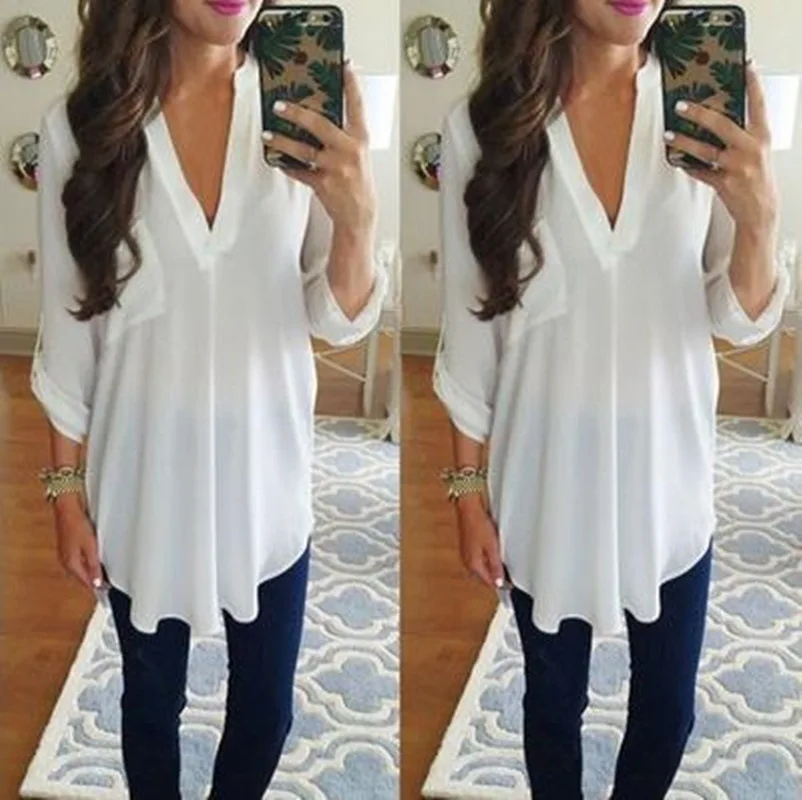 Блузка женская белая с длинным рукавом и треугольным вырезом большого размера 2018