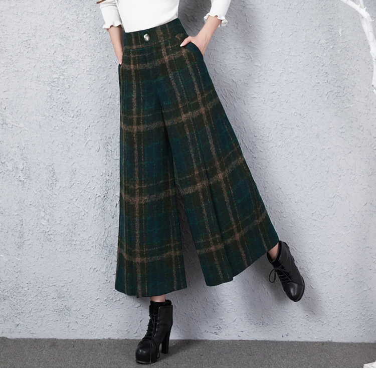 Новые зимние винтажные зеленые клетчатые брюки с широкими штанинами женские
