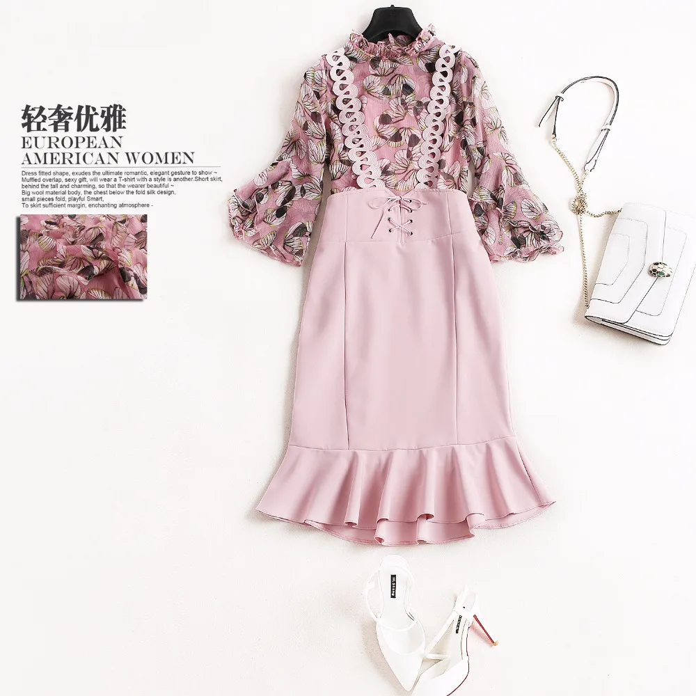 Весна-осень взлетно-посадочной полосы дизайнерские женские наряд с цветочным