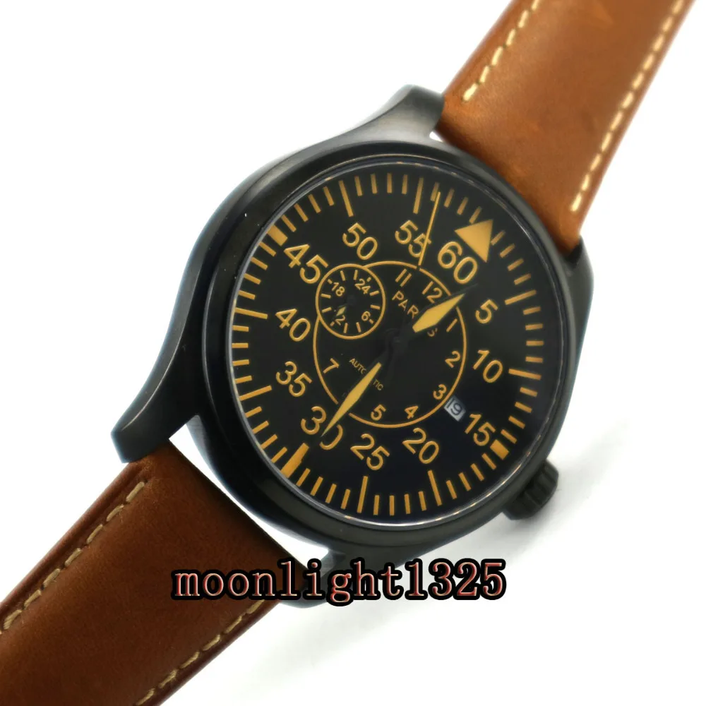 

Parnis 44mm black dial orange marks PVD case luminous sapphire glass 21 jewels MIYOTA Automatic Men's watch wristwatch