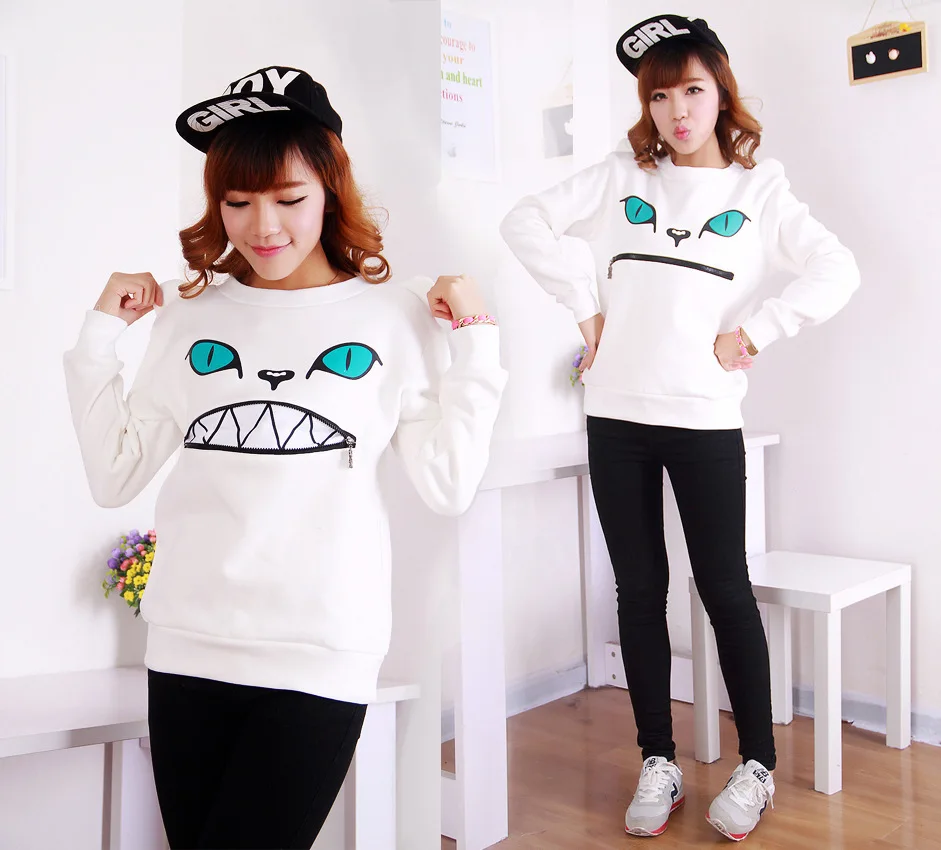 Милые животные уха Толстовка Для женщин мода молния Улыбка Рот 3D кошка женский