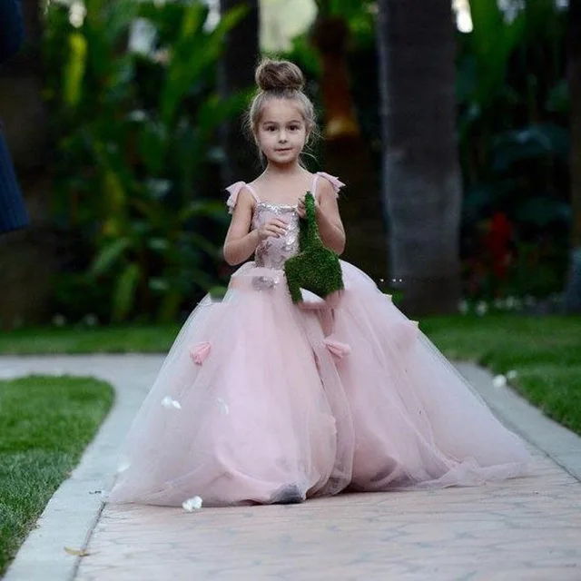 

Pink Flower Girl Dresses For Weddings Ball Gown Spaghetti Straps Tulle Baby Long First Communion Dresses For Little Girls