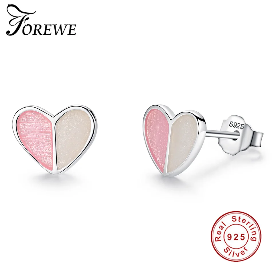 FOREWE 925 серебро розовое эмалированное сердце серьги для девочек Дети милые мини гвоздики женские украшения, серьги