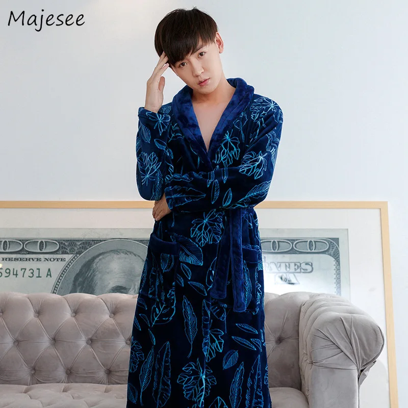 

Robes Men Turn-down Collar Printed Flannel Warm Soft Winter Thicker Long Simple Daily Mens High Quality Trendy Clothing Chic