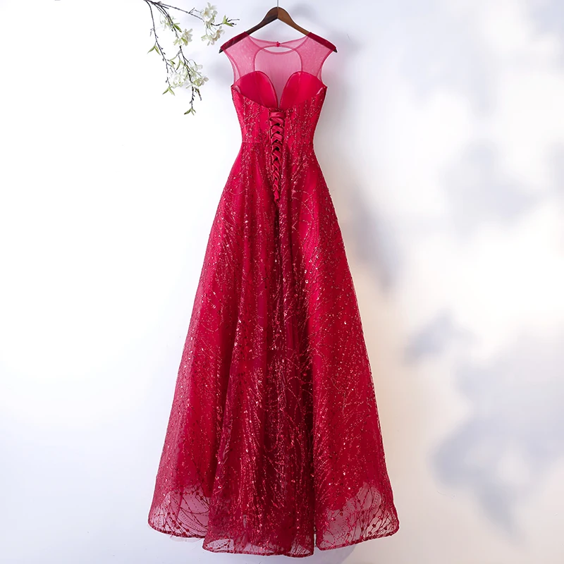 Женское вечернее платье бордовое длинное с круглым вырезом и шнуровкой 2019 |