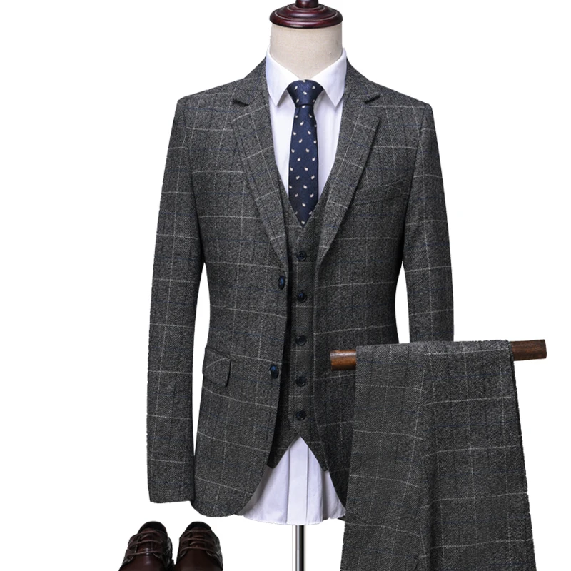 OSCN7 серый клетчатый портной костюм для мужчин 3 шт Джентльмен Бизнес Свадьба на