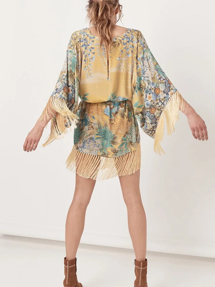 Летние шикарные Boho кисточкой сращены кимоно с цветочным принтом платье модные женские туфли с v-образным вырезом рукав "летучая мышь" Мини платья повседневные платья