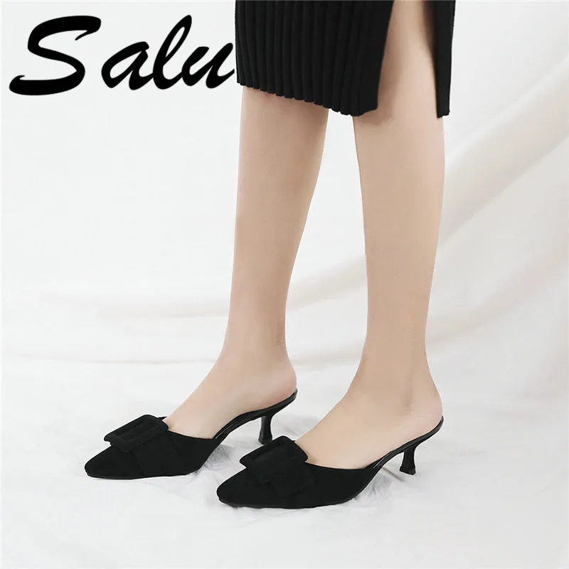 

Salu 2020 Large Size 33-43 sandals Fashion Shallow Thin Heels Solid Explosion Shoes High Quality Suede Leather Slippers