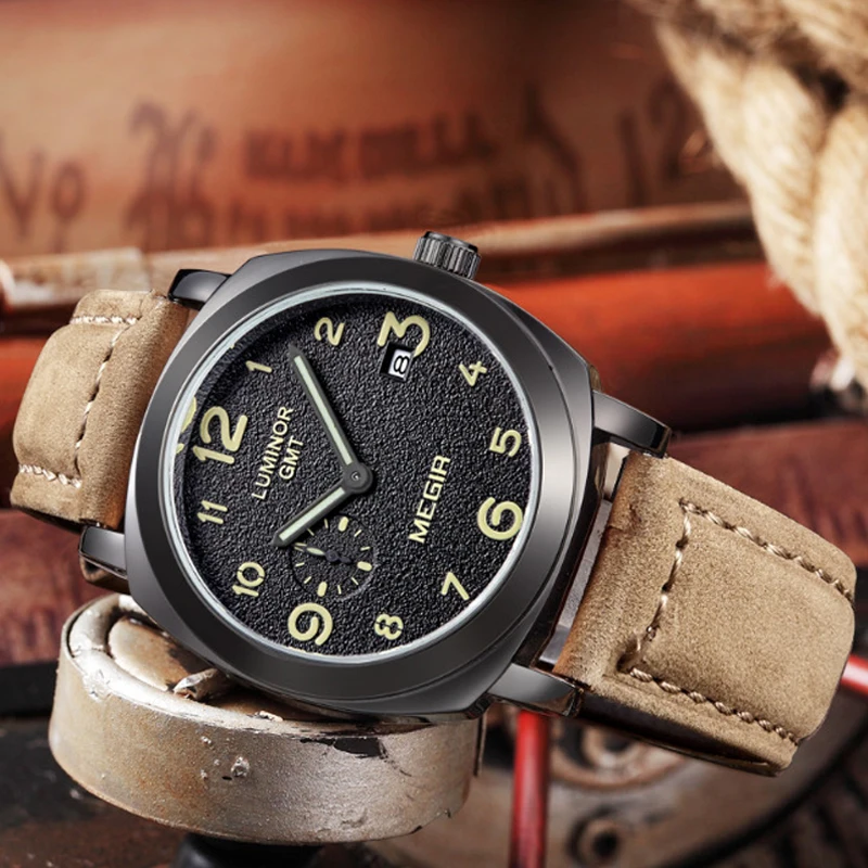 Megir матовая кожа мужчины Роскошные военные Кварцевые Tag мужские часы лучший бренд