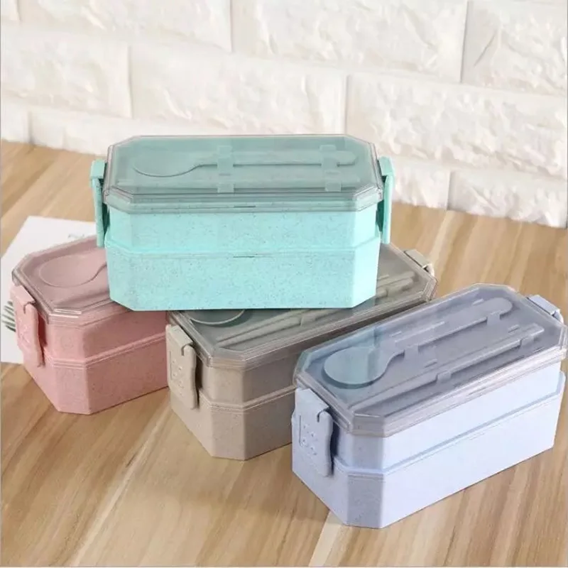 Пшеничная соломенная Ланч-бокс 2 слоя микроволновая печь Bento box Портативный Герметичный пищевой контейнер для детей или школы - Цвет: green
