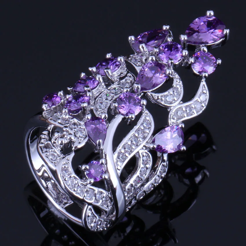 

Excellent Huge Plant Purple Cubic Zirconia White CZ Silver Plated Ring V0530