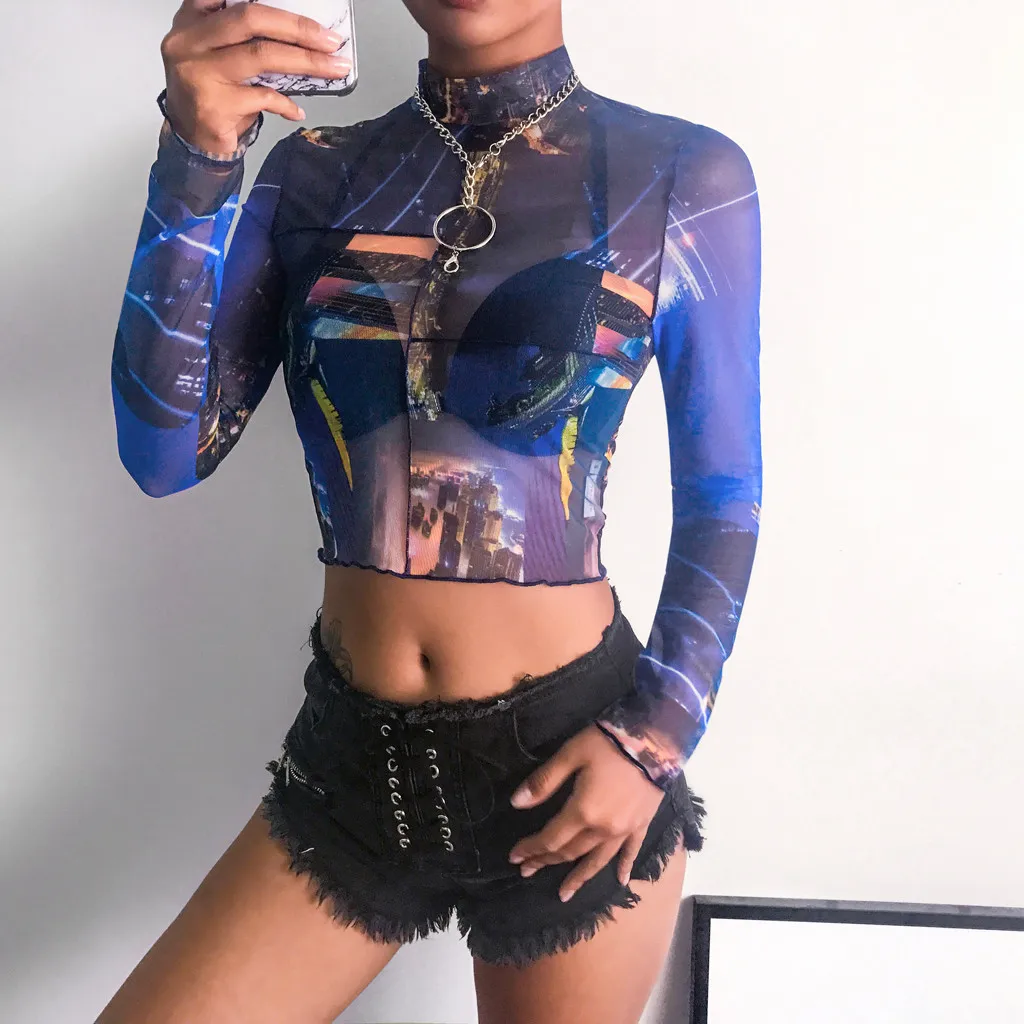 Летняя модная женская прозрачная сетчатая водолазка короткий топ облегающая