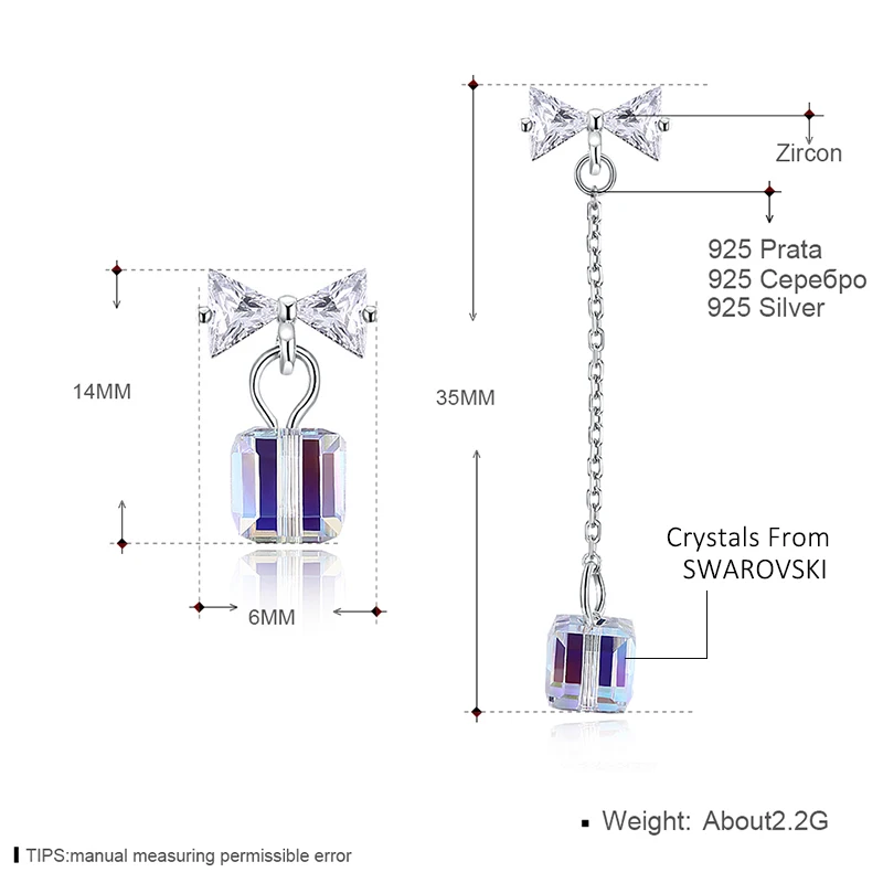 LEKANI Crystals From SWAROVSKI Colorful Cube Beads Drop Earrings Asymmetric S925 Silver Piercing For Women Gifts Fine Jewelry | Украшения и