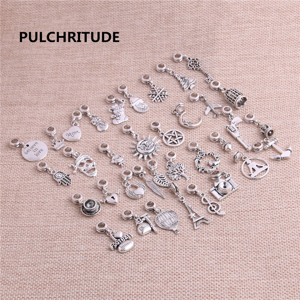 Pulchrode, 50 шт./лот, цинковый сплав, античное серебро, цвет, соединяет большое отверстие, бусины, смешанные виды, шарм, подходит для изготовления ювелирных изделий C0074