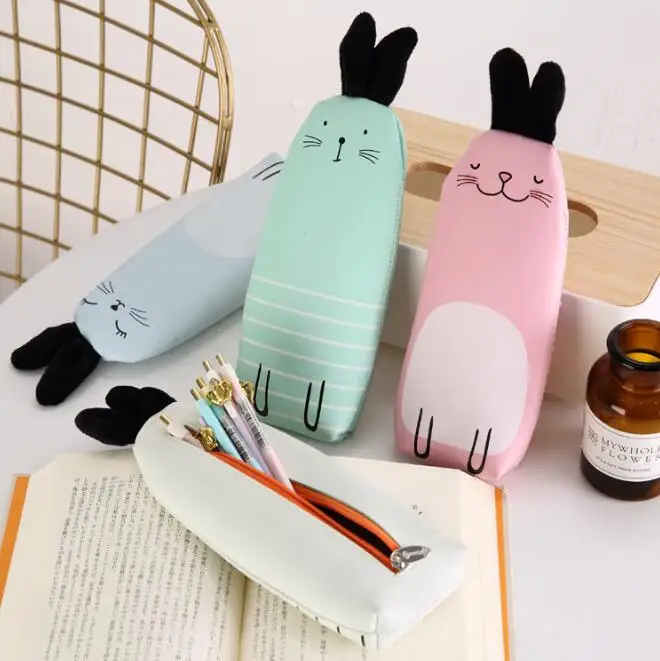 Чехол органайзер из искусственной кожи с длинными ушками и кроликом|pu pencil case|pencil
