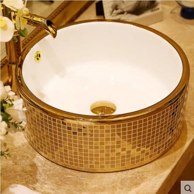Золотая мозаичная столешница круглая керамическая раковина для ванной комнаты