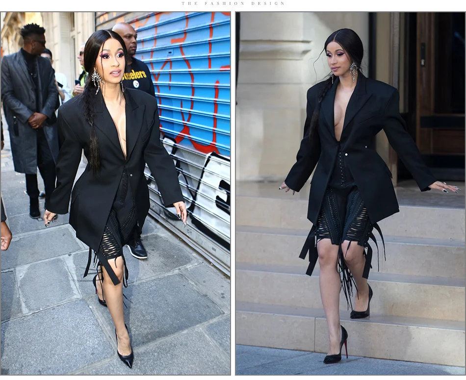 Tina beauty Cardi B комплект из 2 предметов, штаны, блейзер с открытой спиной, длина до колена, с кисточками, v-образный вырез, сексуальный сетчатый, с длинным рукавом, на шнуровке, украшенный пряжкой