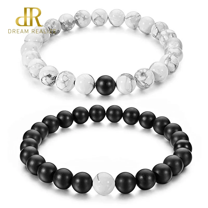 DR 2 шт./компл. пары браслеты для влюбленных черный матовый и Белый Howlite 8 мм бусины браслет из натурального камня для женщин Подарки Ювелирные Изделия