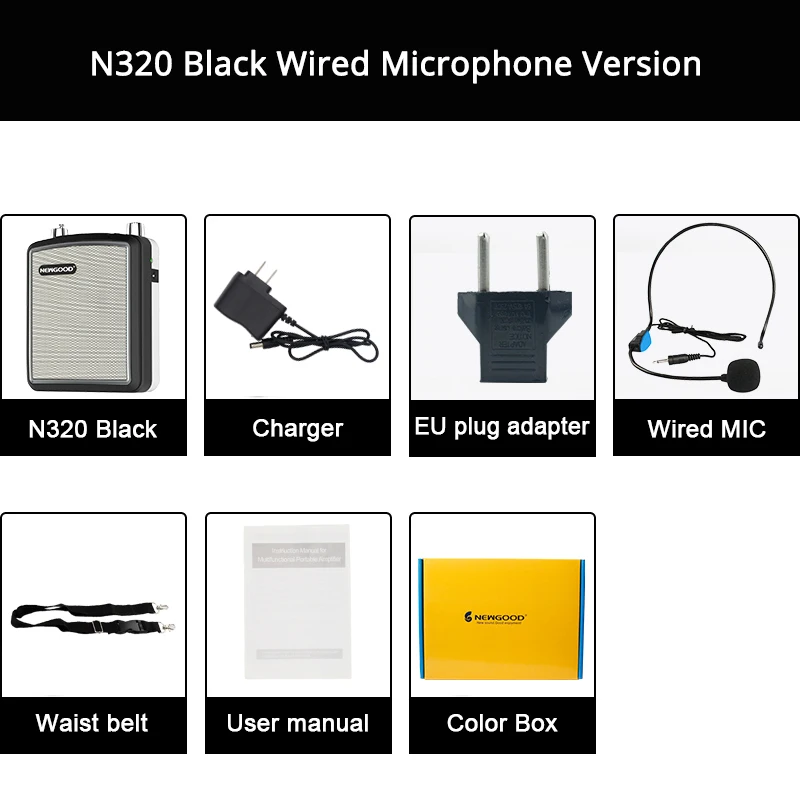 BLACK Wired MIC 20 Вт Портативный беспроводной голосовой усилитель, наружный речевой динамик, UHF беспроводной микрофон, усилитель, FM радио, громкий динамик, запись - Цвет: BLACK Wired MIC