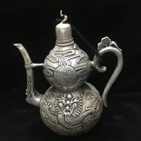 antique qingdynasty handmade silver embossed dragon gourd teapot jug 2hand carved craftsbest collection adornment