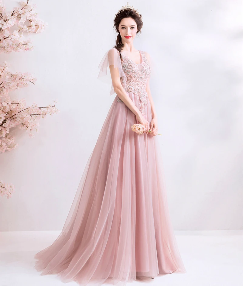 SSYFashion Новое роскошное вечернее платье, милое розовое кружевное платье с аппликацией из бисера и v-образным вырезом, длина до пола, официальное вечернее платье, Robe De Soiree