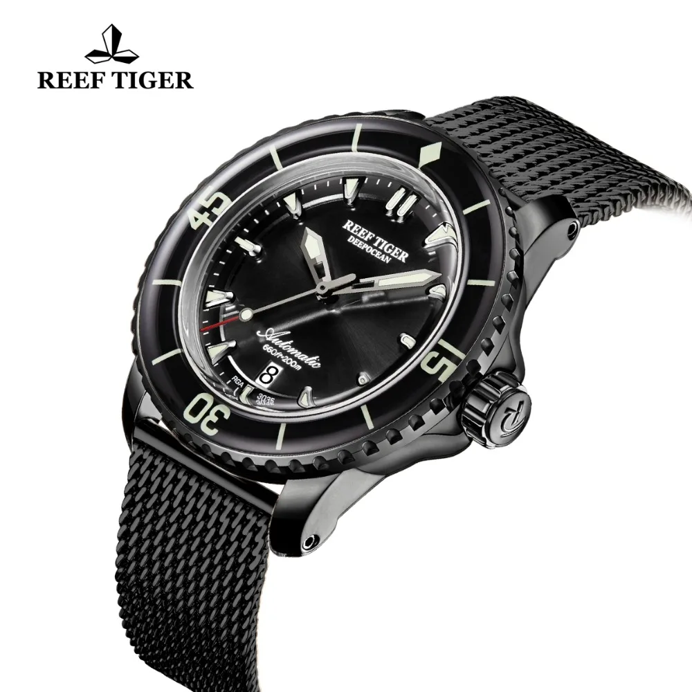 Reef Tiger/RT винтажные люминесцентные спортивные часы мужские черные часы с ремешком из нержавеющей стали автоматические часы для дайвинга с датой RGA3035