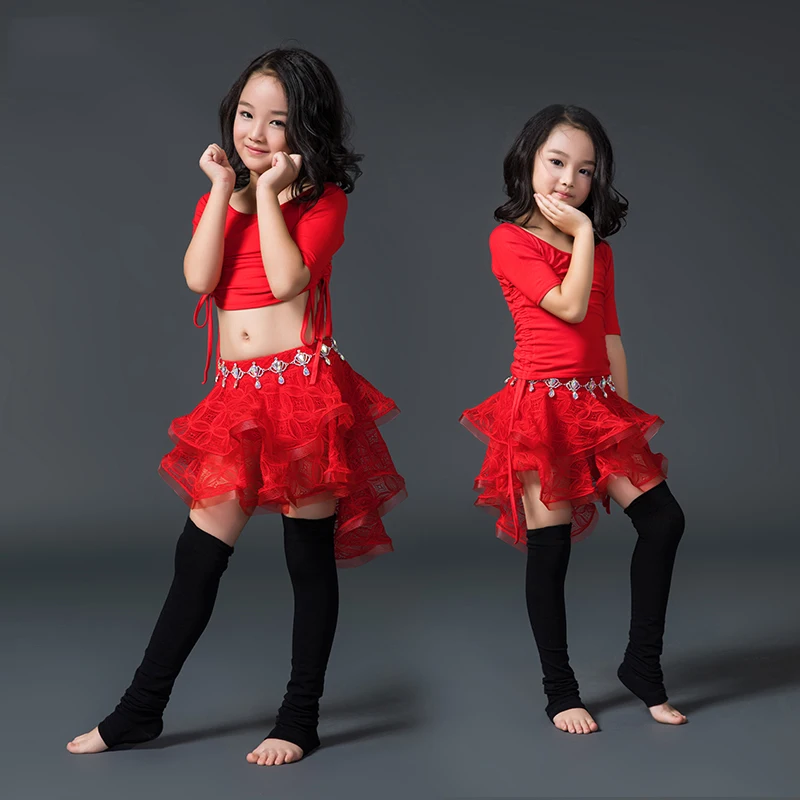 Восточные костюмы Bellydance для детей рубашка с коротким рукавом кружевная юбка