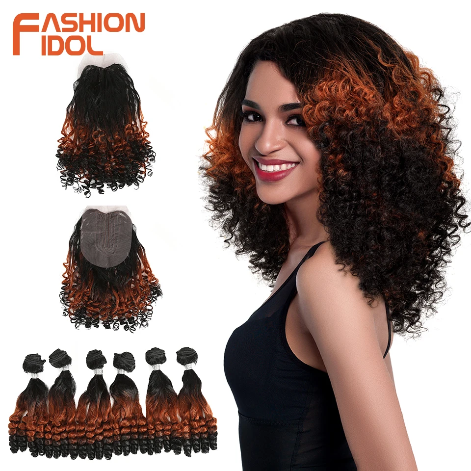 

FASHION IDOL Afro Kinky Curly Hair Bundles 14inch 7Pieces/lot Upper Straight Lower Bend Synthetic Hair Lace Front With Closure