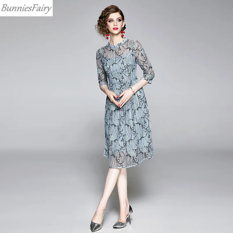 BunniesFairy 2019 осеннее уличное женское элегантное Кружевное платье миди с цветочной