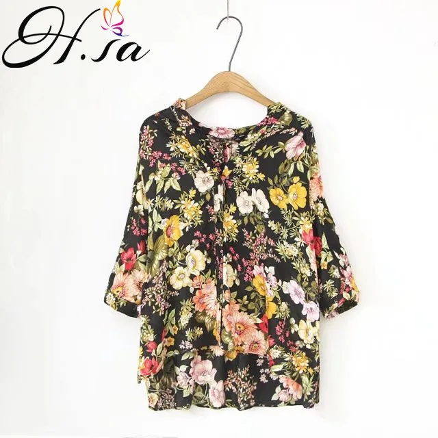 Женская Туника H.SA черная/белая блузка с коротким рукавом и цветочным принтом