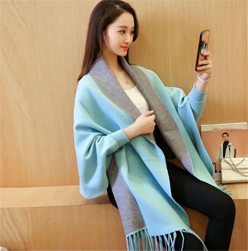 lake blue cardigan Женские свитера, кардиган с кисточками, шаль, накидка, куртка с длинным рукавом, открытая стежка, модное повседневное свободное осенне-зимнее пальто - Цвет: lake blue cardigan