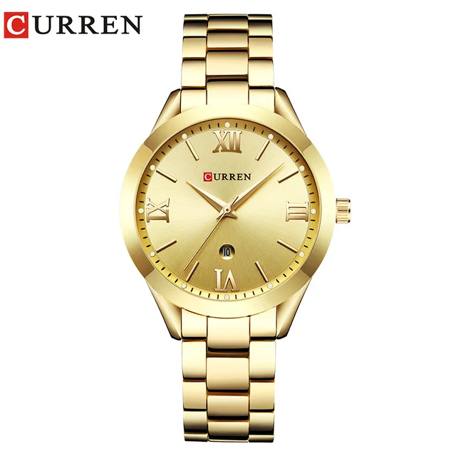 Gold CURREN Топ люксовый бренд для женщин календарь кварцевые часы дамы нержавеющая сталь Розовое золото часы женские наручные часы Relogio Feminino - Цвет: Gold