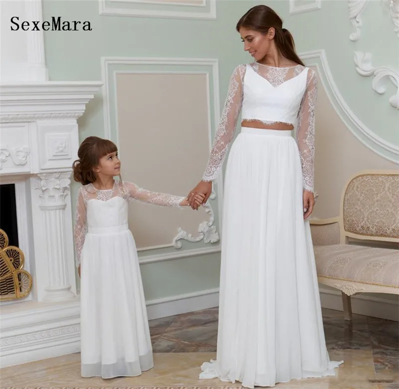 Белые кружевные трапециевидные платья для девочек Платье мамы и дочки с длинными