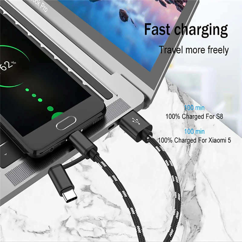 2 в 1 USB кабель для зарядки Samsung оплетка Micro usb Тип C синхронизации данных мобильный