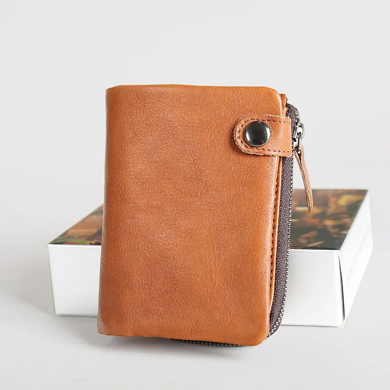 Brown Vertical Кошелек из натуральной кожи для мужчин, мужские винтажные Роскошные Короткие Двойные кошельки из воловьей кожи, кошелек, держатель для карт с карманом для монет на молнии - Цвет: Brown Vertical