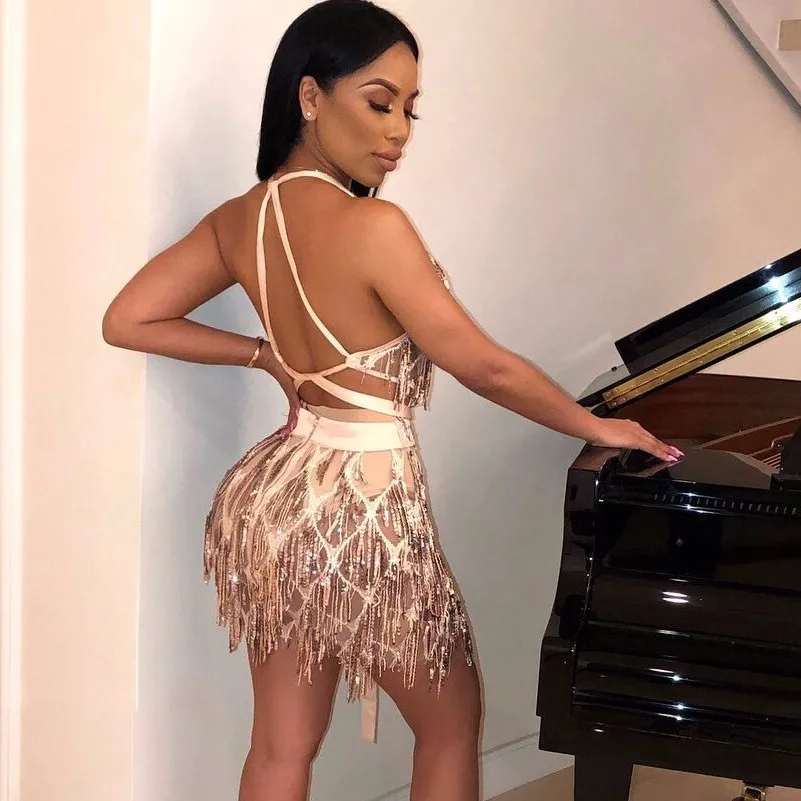 MUXU черное платье с блестками блестящее мини женская одежда бахрома открытая