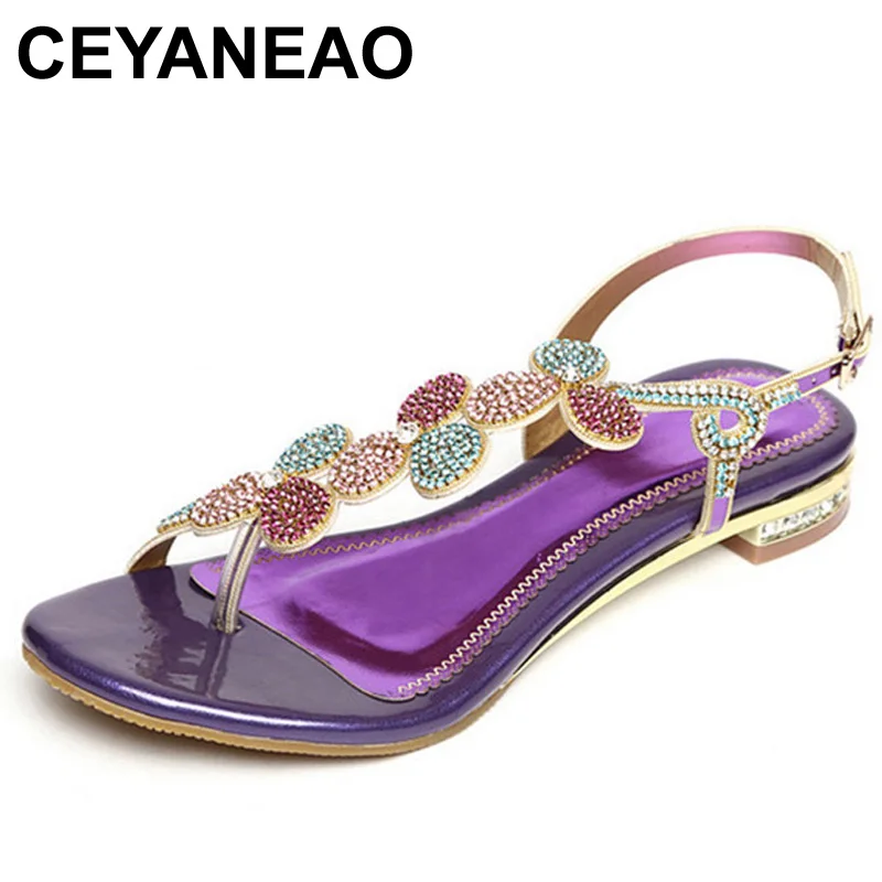 

CEYANEAO 2019Rhinestone Women Sandals Genuine Leather Soft Rubber Sole Basic Buckle Strap Size 34-40 Women's Summer ShoesE1657