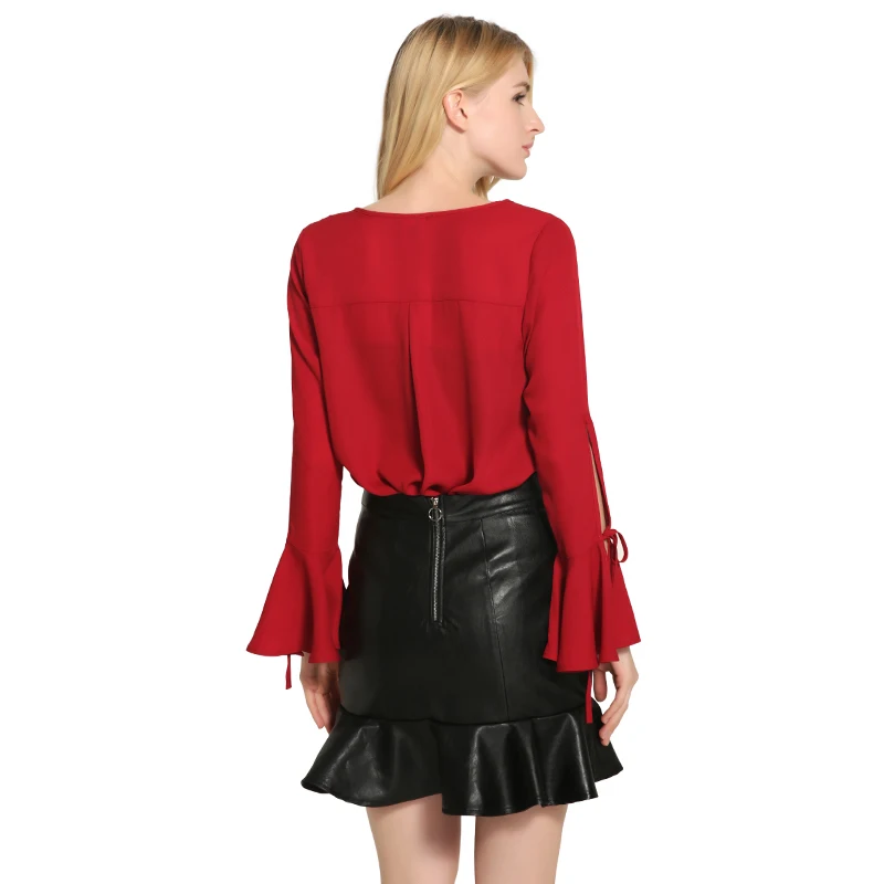 Мода Женщины Шифон Блузки Рубашки С Длинным Рукавом Blusas Mujer Твердые Выдалбливают