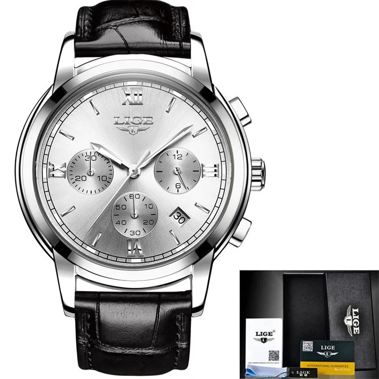silver white leather Relogio Masculino LIGE мужские часы Топ бренд класса люкс кожа повседневные кварцевые часы мужские военные спортивные водонепроницаемые часы с хронографом - Цвет: silver white leather