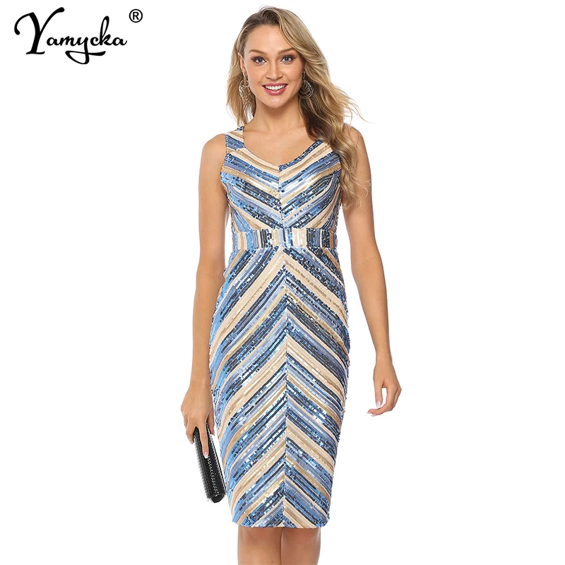 

Sexy V neck sleeveless summer Dress Elegant stripe Sequins Dress women work office Night club party midi bodycon dresses vestido