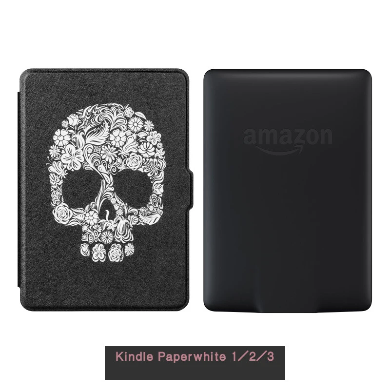 Черепа Кожа PU Case for Amazon Kindle Paperwhite 1 2 3 6 дюймов Тонкий E-reader Магнитные Защитная