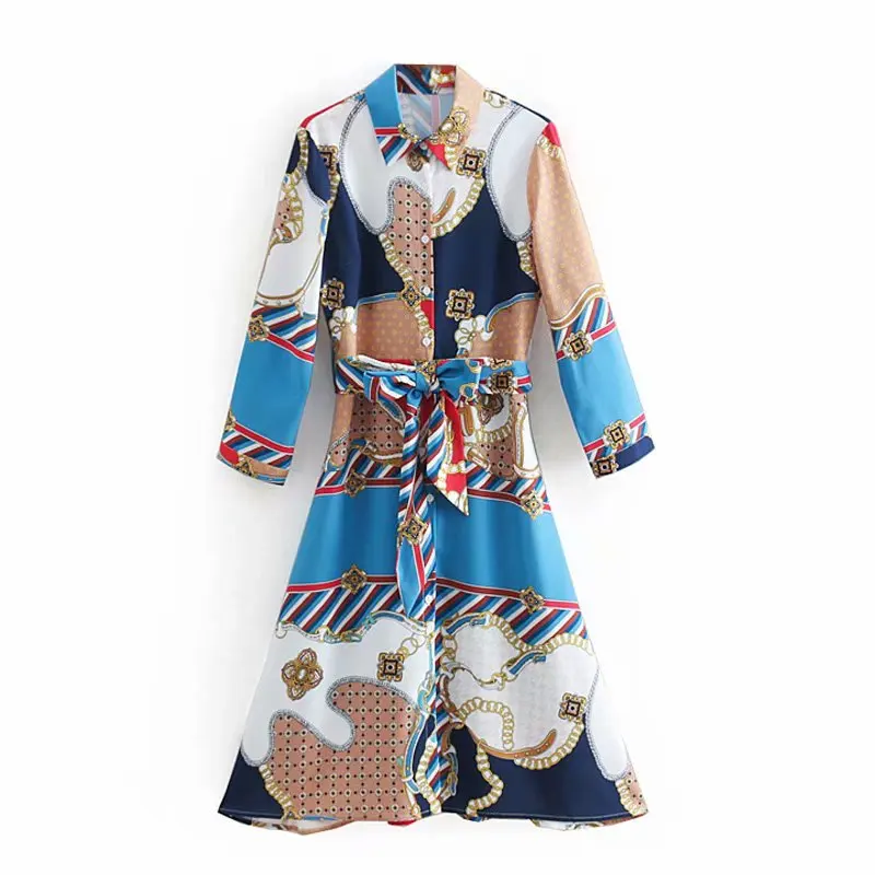 za 2019 summer Women chain print maxi dresses Belted scarf long vestidos Dress one piece | Женская одежда