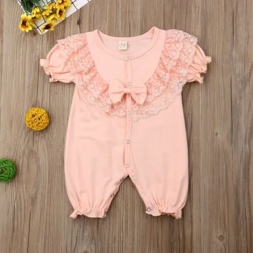 Baby Romper Newborn Girls Button Up Lace Short Sleeve Jumpsuit Clothes Outfits 0-24M | Детская одежда и обувь