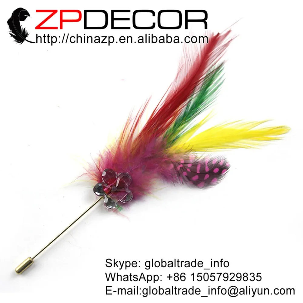 

ZPDECOR Prime Quality Handmade 10 pcs/lot Mixed Color Chicken Saddle Feathers Brooch Sale Cheap for DIY