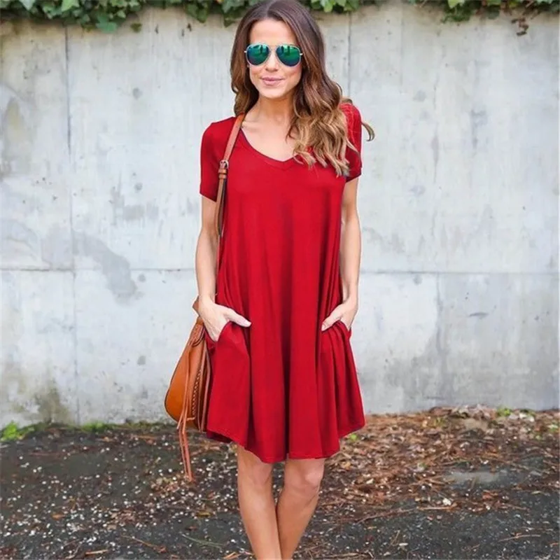 Хит Свободные повседневные Мини однотонные платья для женщин с карманами