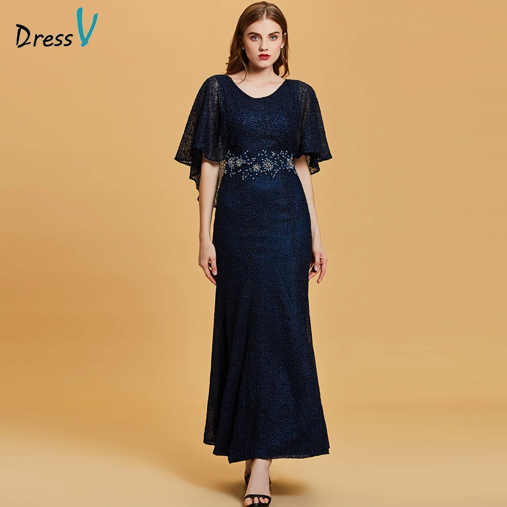 Длинное темно синее вечернее платье Dressv недорогое с глубоким вырезом и бисером