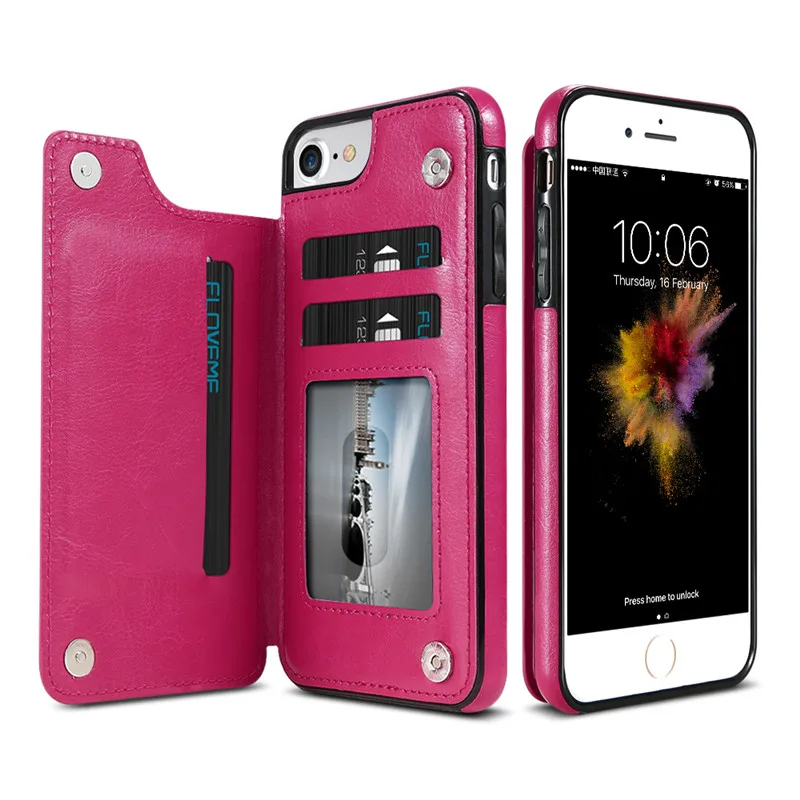 Rose Red Кожаный чехол-кошелек FLOVEME для iPhone 7, iPhone X, 8 plus, роскошный флип-чехол для телефона, для iPhone 7, 6, 6s plus, 5S держатель для карт, чехол - Цвет: Rose Red