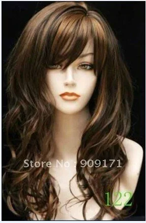 Hot selling> Cosplay Chestnut brown Mixed Color party Curly Inclined Bang Wig (B0320) -Bride jewelry free shipping |